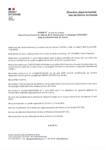 Arrêté ouverture clôture chasse 2023-2024 Doubs