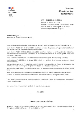 Arrêté ouverture clôture chasse 2023-2024 Jura