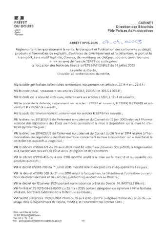 Arrêté préfectoral carburant - pétards - armes 14 juillet 2025