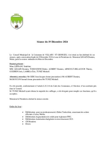 Compte rendu conseil municipal du 19 Décembre 2024