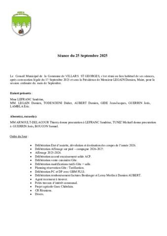 Compte rendu conseil municipal du 25 Septembre 2025