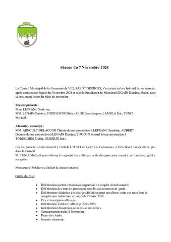 Compte rendu conseil municipal du 7 novembre 2024